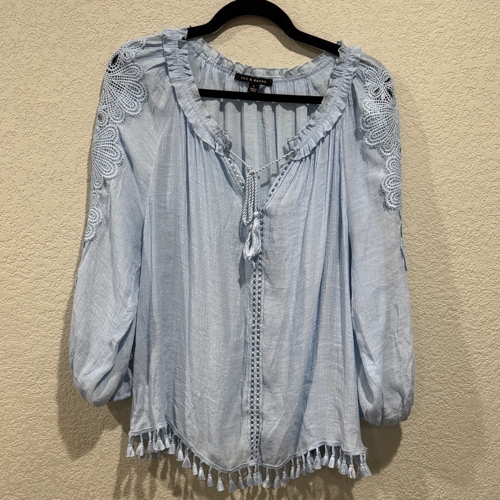 ZAC & RACHEL Light Blue Boho Peasant Blouse with Crochet sleeves